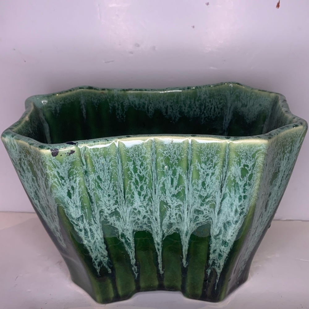 Vintage Upco green drip glaze pottery planter